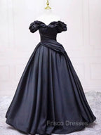 Pretty Ball Gown Off The Shoulder Black Satin Formal Prom Dress Evening Dress With Pleated