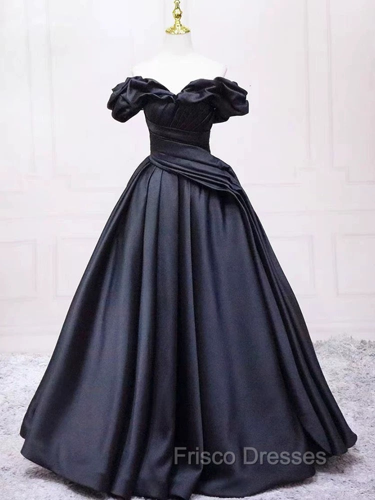 Pretty Ball Gown Off The Shoulder Black Satin Formal Prom Dress Evening Dress With Pleated