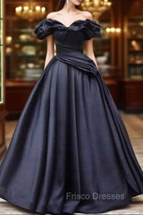 Pretty Ball Gown Off The Shoulder Black Satin Formal Prom Dress Evening Dress With Pleated
