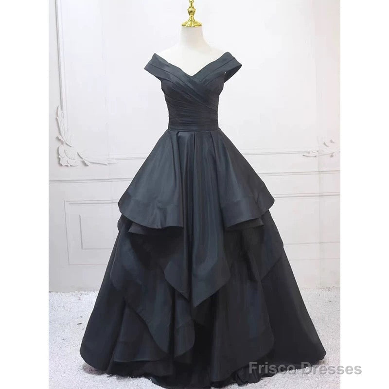 Pretty Ball Gown Off The Shoulder Black Satin Prom Dresses Evening Dress Main image