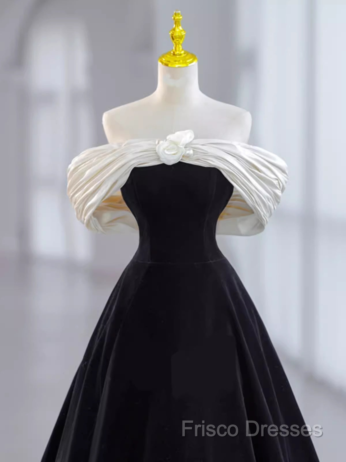 Pretty Ball Gown Off The Shoulder Black Velvet Formal Party Dress Formal Prom Dress With Flower