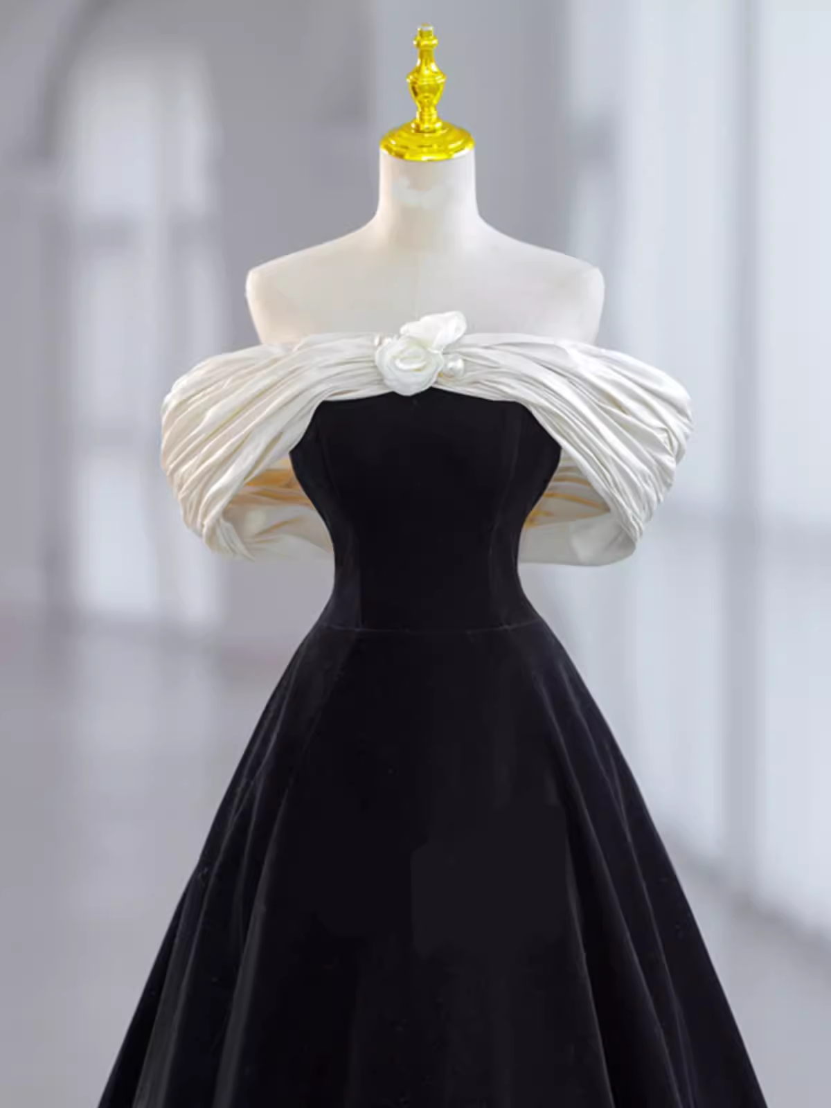 Pretty Ball Gown Off The Shoulder Black Velvet Evening Party Dress Prom Dresses With Flower PD0043