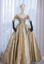 Pretty Ball Gown Off The Shoulder Gold Satin Long Ruffles Prom Dresses Sweet 16 Dresses