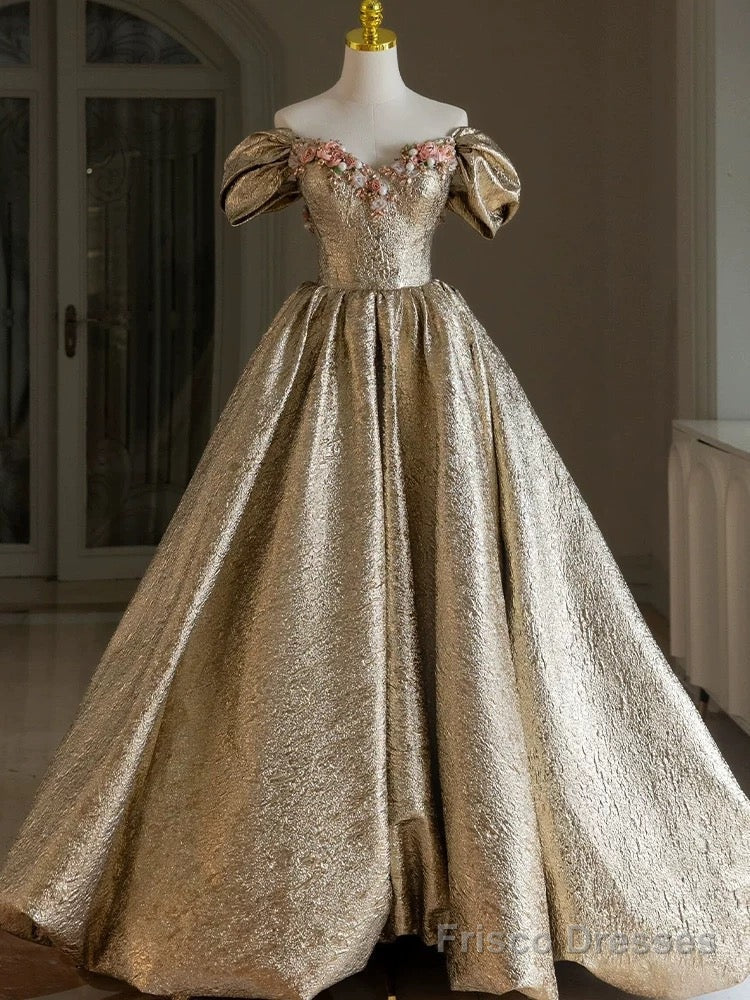 Pretty Ball Gown Off The Shoulder Gold Satin Long Ruffles Prom Dresses Sweet 16 Dresses