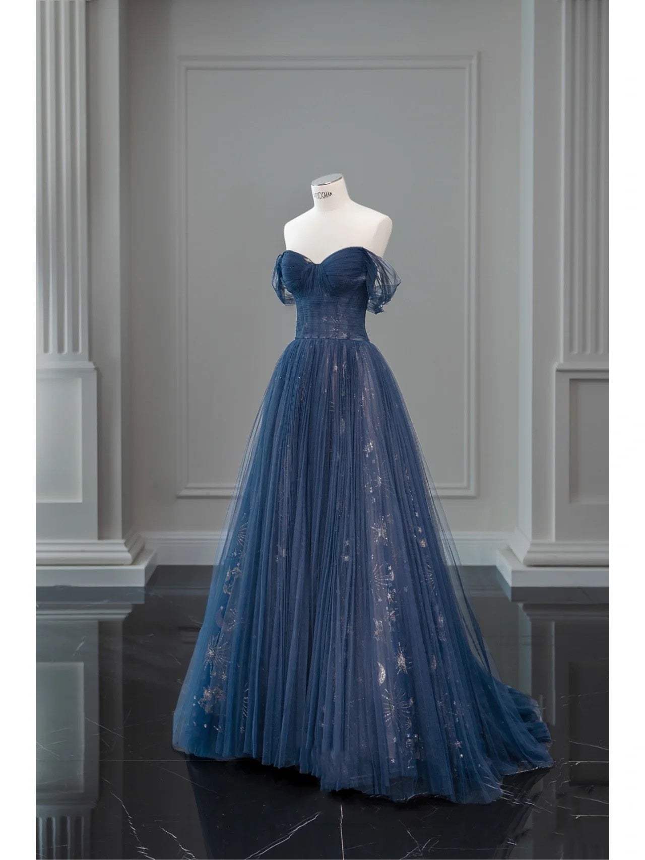 Pretty Ball Gown Off The Shoulder Navy Blue Tulle Long Prom Dresses Party Dress Secondary image