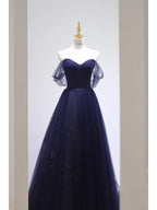 Pretty Ball Gown Off The Shoulder Navy Blue Tulle Long Prom Dresses Party Dress