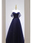 Pretty Ball Gown Off The Shoulder Navy Blue Tulle Long Prom Dresses Party Dress