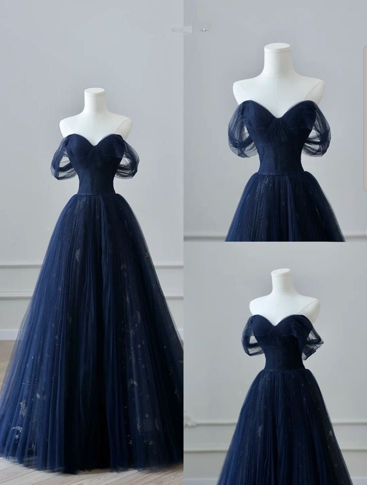 Pretty Ball Gown Off The Shoulder Navy Blue Tulle Long Prom Dresses Party Dress Main image