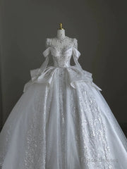 Pretty Ball Gown Scoop Neckline Long Sleeves Sequin White Wedding Dresses Brides Dress