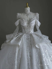 Pretty Ball Gown Scoop Neckline Long Sleeves Sequin White Wedding Dresses Brides Dress