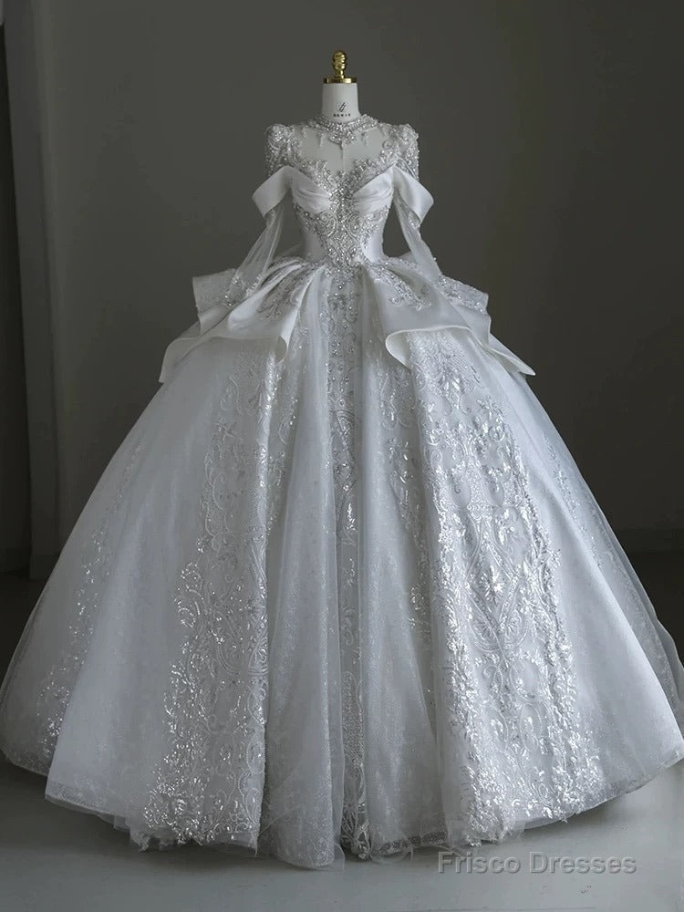Pretty Ball Gown Scoop Neckline Long Sleeves Sequin White Wedding Dresses Brides Dress Main image