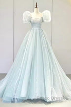 Pretty Ball Gown Square Neckline Short Sleeves Long Evening Party Dress Formal Prom Dress