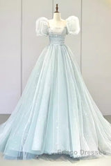 Pretty Ball Gown Square Neckline Short Sleeves Long Evening Party Dress Formal Prom Dress