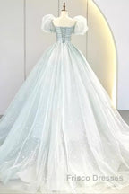 Pretty Ball Gown Square Neckline Short Sleeves Long Evening Party Dress Formal Prom Dress