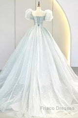 Pretty Ball Gown Square Neckline Short Sleeves Long Evening Party Dress Formal Prom Dress