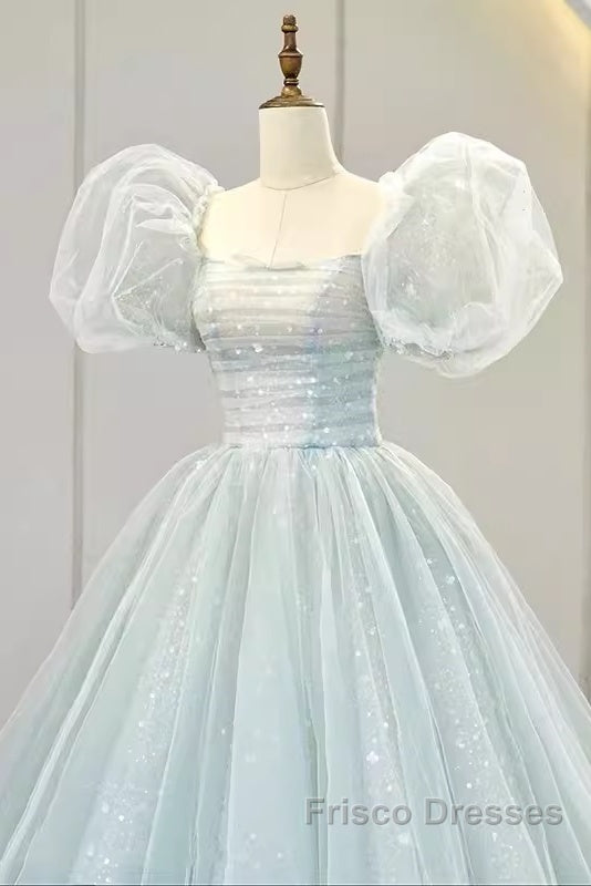 Pretty Ball Gown Square Neckline Short Sleeves Long Evening Party Dress Formal Prom Dress