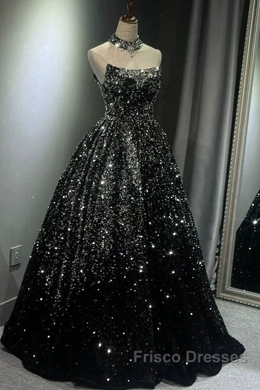 Pretty Ball Gown Strapless Black Sequin Formal Prom Dress Evening Dress Secondary image