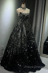 Pretty Ball Gown Strapless Black Sequin Formal Prom Dress Evening Dress