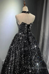 Pretty Ball Gown Strapless Black Sequin Formal Prom Dress Evening Dress