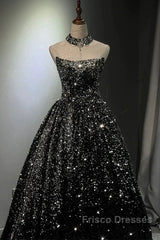 Pretty Ball Gown Strapless Black Sequin Formal Prom Dress Evening Dress