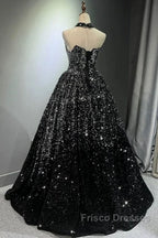 Pretty Ball Gown Strapless Black Sequin Formal Prom Dress Evening Dress