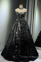 Pretty Ball Gown Strapless Black Sequin Formal Prom Dress Evening Dress