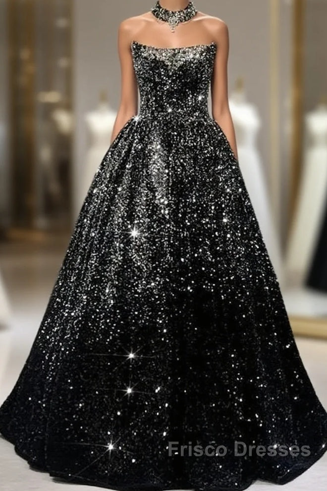 Pretty Ball Gown Strapless Black Sequin Formal Prom Dress Evening Dress Main image