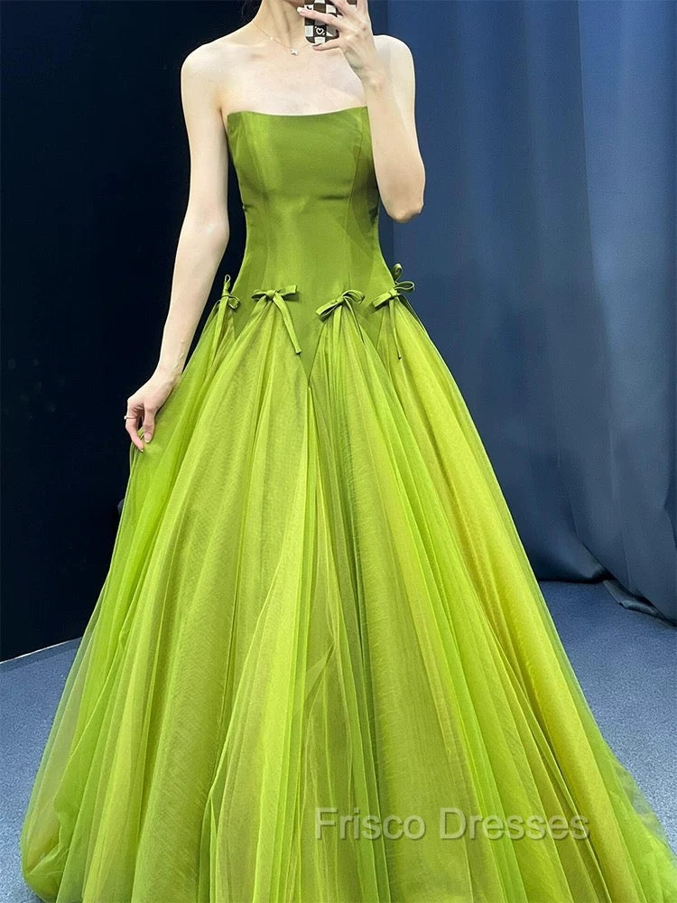 Pretty Ball Gown Strapless Bud Green Tulle Formal Prom Dress Evening Dress
