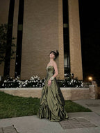 Pretty Ball Gown Strapless Green Satin Long Prom Dresses With Silver Beads