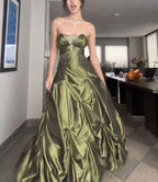 Pretty Ball Gown Strapless Green Satin Long Prom Dresses With Silver Beads