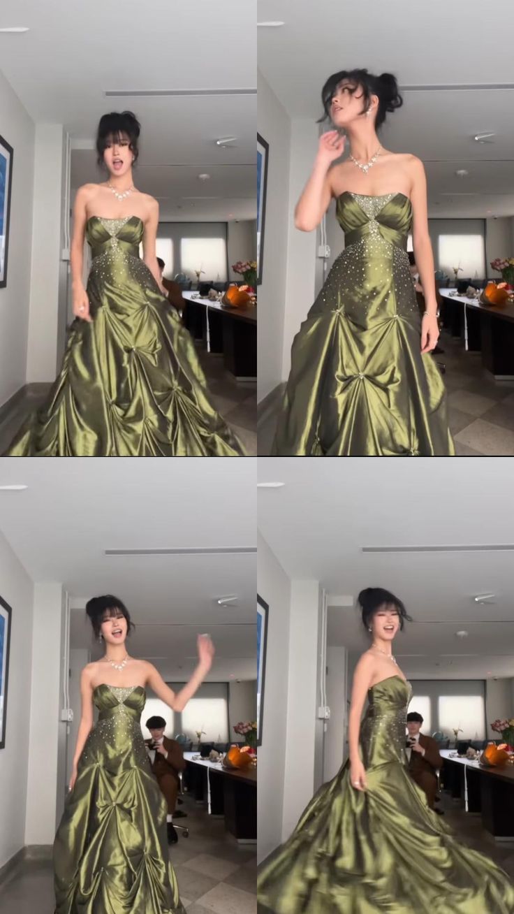 Pretty Ball Gown Strapless Green Satin Long Prom Dresses With Silver Beads