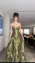 Pretty Ball Gown Strapless Green Satin Long Prom Dresses With Silver Beads