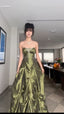 Pretty Ball Gown Strapless Green Satin Long Prom Dresses With Silver Beads