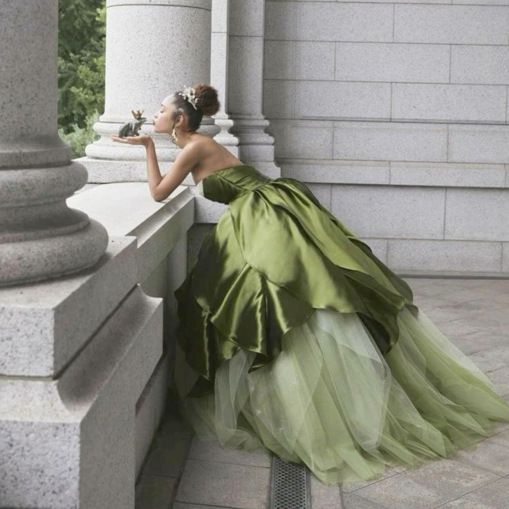 Pretty Ball Gown Strapless Olive Green Long Satin Prom Dresses Formal Evening Dress Main image