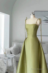 Pretty Ball Gown Straps Sage Green Satin Long Length Evening Dress Prom Dresses