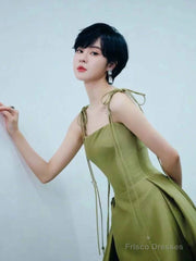 Pretty Ball Gown Straps Sage Green Satin Long Length Evening Dress Prom Dresses