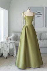 Pretty Ball Gown Straps Sage Green Satin Long Length Evening Dress Prom Dresses