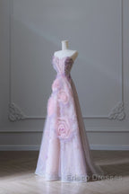 Pretty Ball Gown Sweetheart Pink Floral Tulle Long Formal Prom Dress Evening Gowns