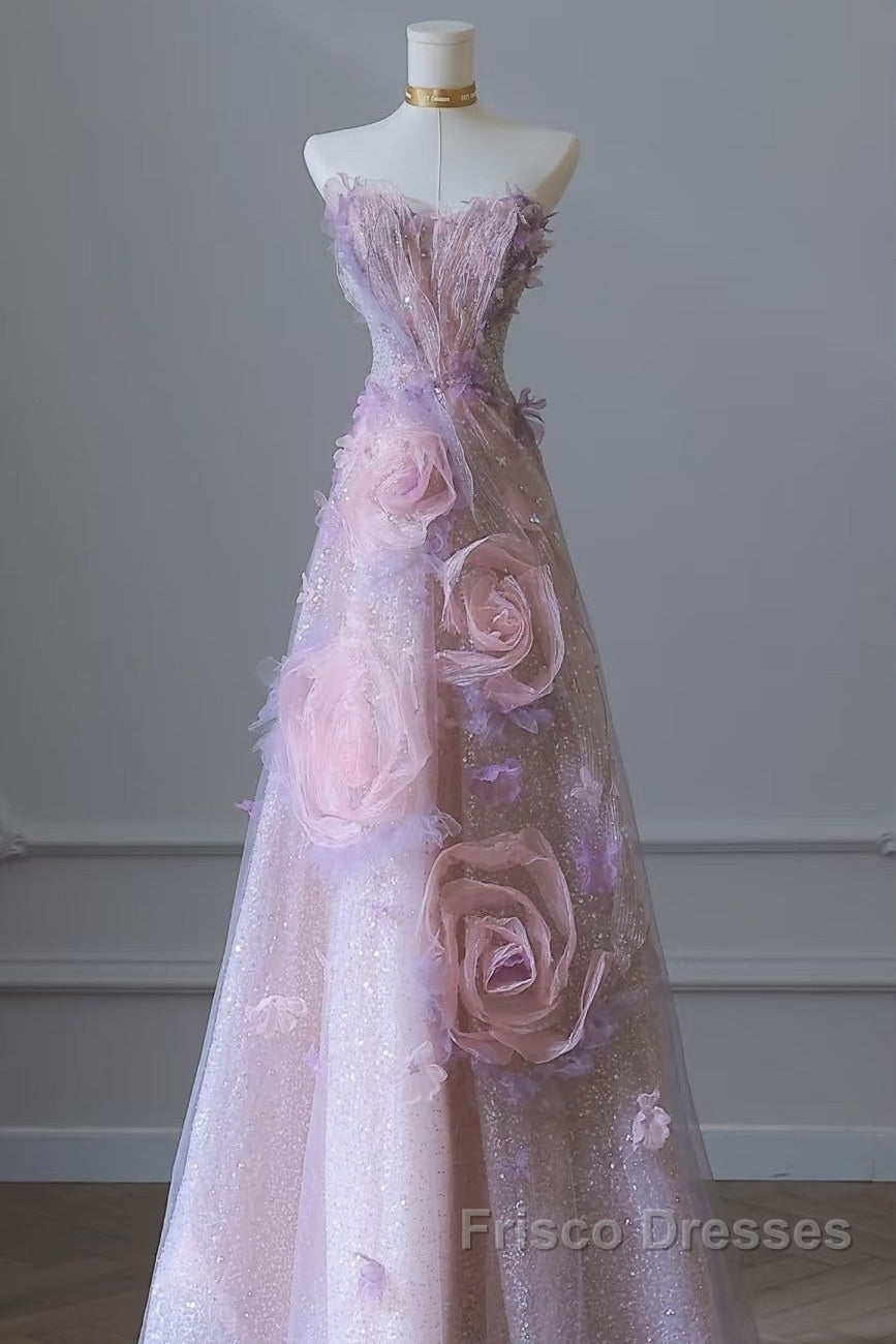 Pretty Ball Gown Sweetheart Pink Floral Tulle Long Formal Prom Dress Evening Gowns
