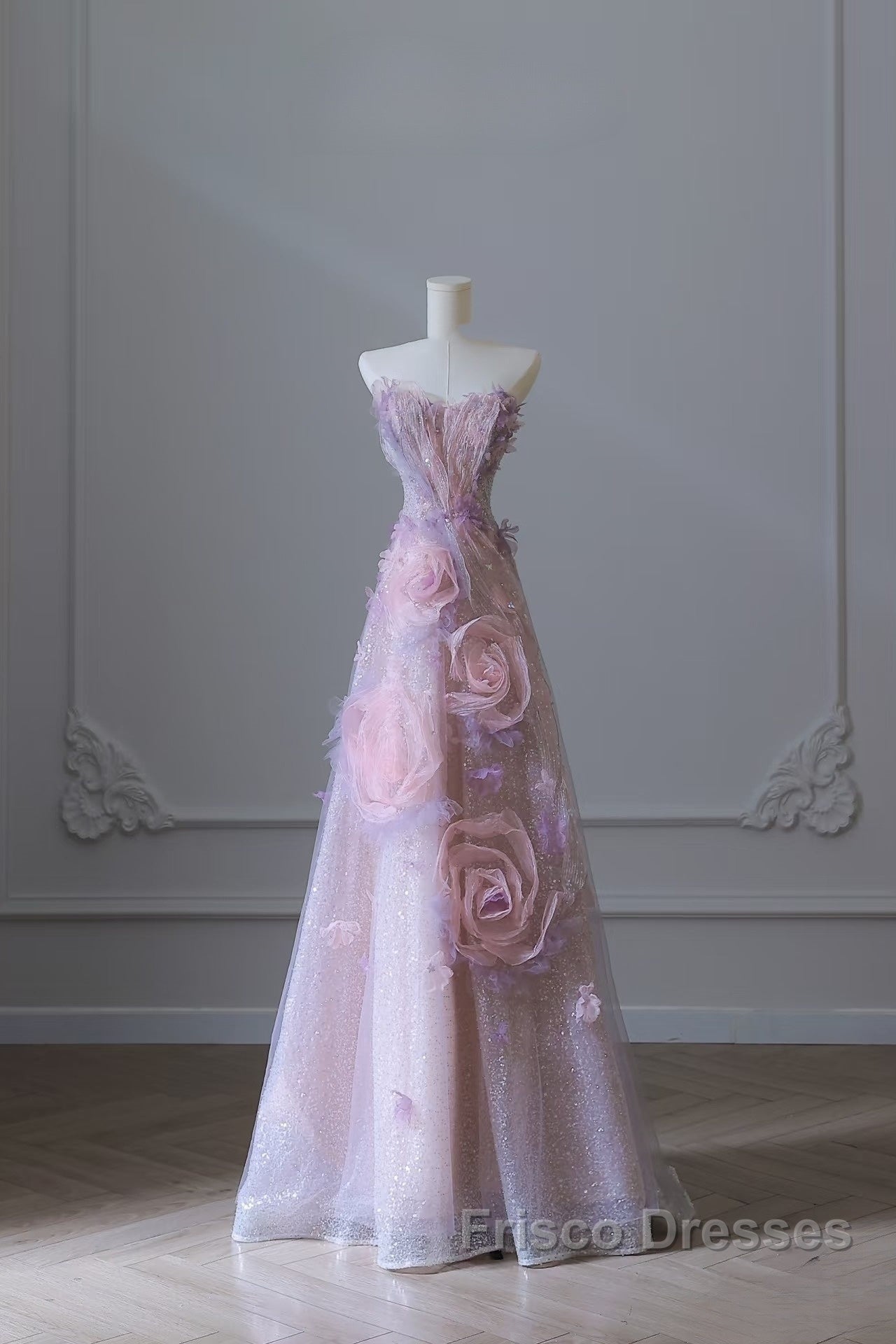 Pretty Ball Gown Sweetheart Pink Floral Tulle Long Formal Prom Dress Evening Gowns