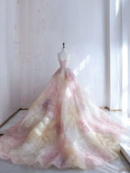 Pretty Ball Gown Sweetheart Pink Flowers Tulle Long Quinceanera Dress Formal Short Sleeves Flowers Vestido De 15 Anos Sweet 16 Dress
