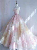 Pretty Ball Gown Sweetheart Pink Flowers Tulle Long Quinceanera Dress Formal Short Sleeves Flowers Vestido De 15 Anos Sweet 16 Dress