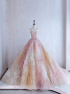 Pretty Ball Gown Sweetheart Pink Flowers Tulle Long Quinceanera Dress Formal Short Sleeves Flowers Vestido De 15 Anos Sweet 16 Dress