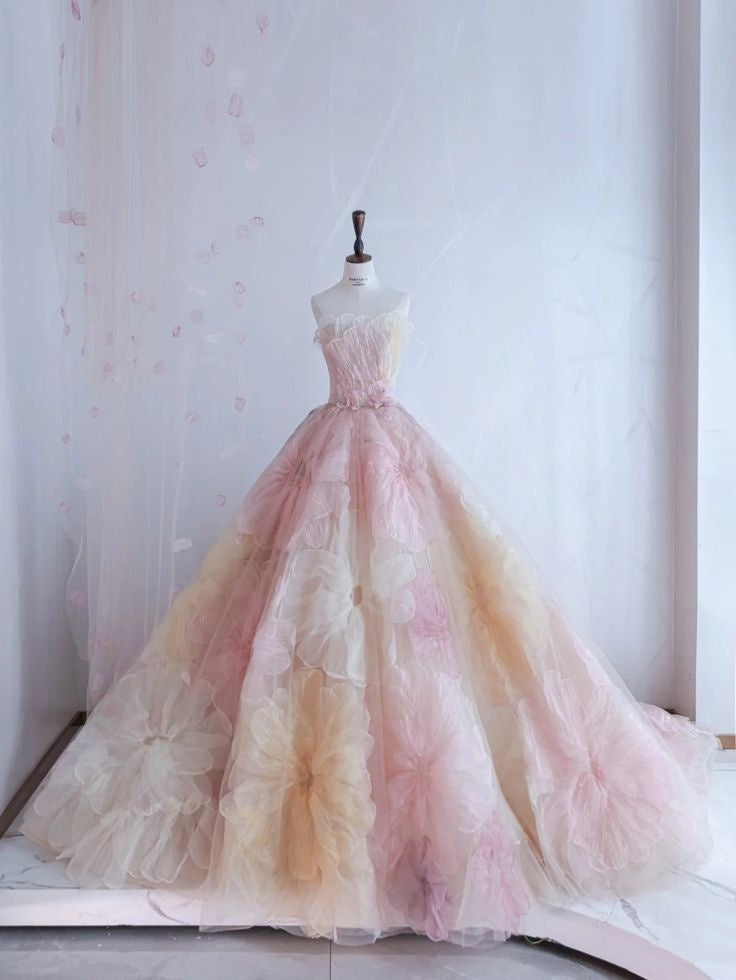 Pretty Ball Gown Sweetheart Pink Flowers Tulle Long Quinceanera Dress Formal Short Sleeves Flowers Vestido De 15 Anos Sweet 16 Dress