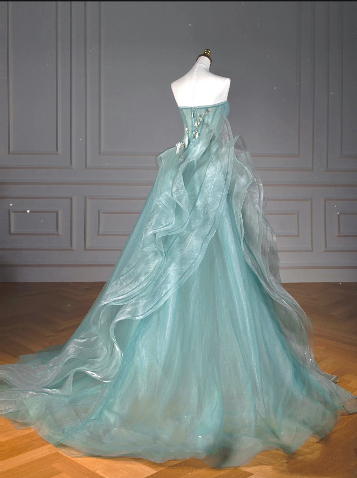 Pretty Ball Gown Sweetheart Tulle Green Long Evening Dress Prom Dresses With Ruffles Secondary image