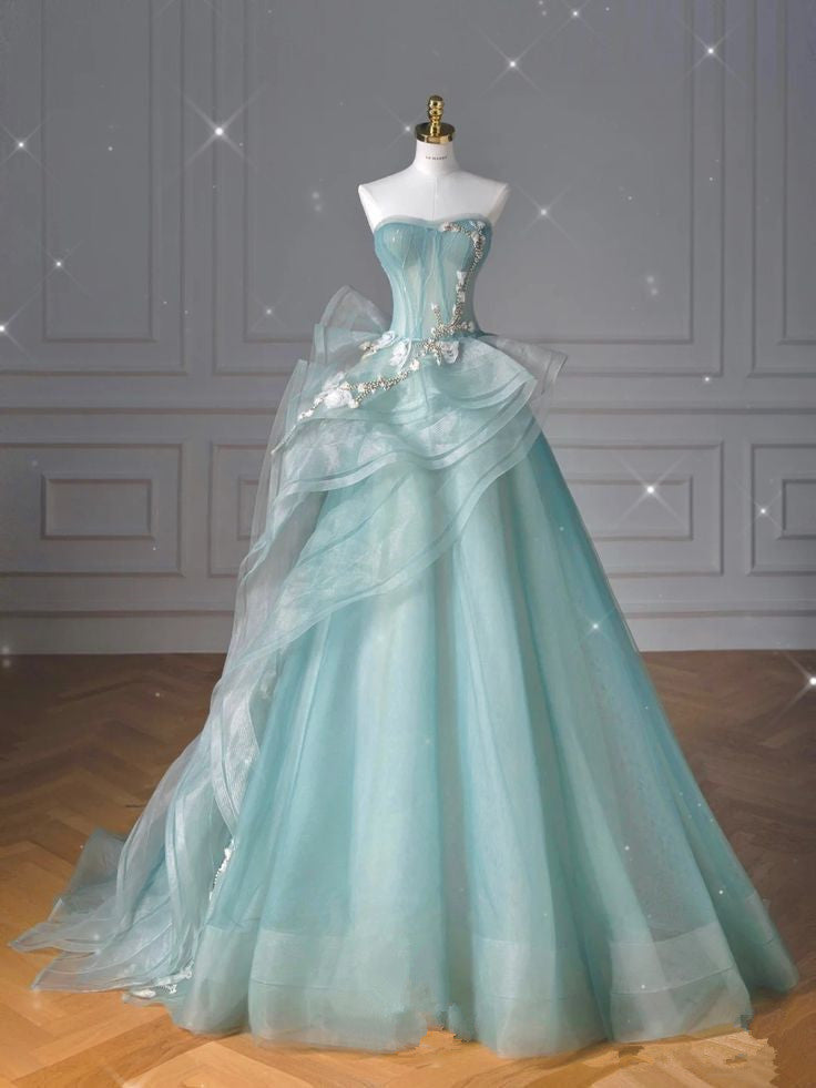 Pretty Ball Gown Sweetheart Tulle Green Long Evening Dress Prom Dresses With Ruffles Main image