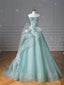Pretty Ball Gown Sweetheart Tulle Green Long Evening Dress Prom Dresses With Ruffles