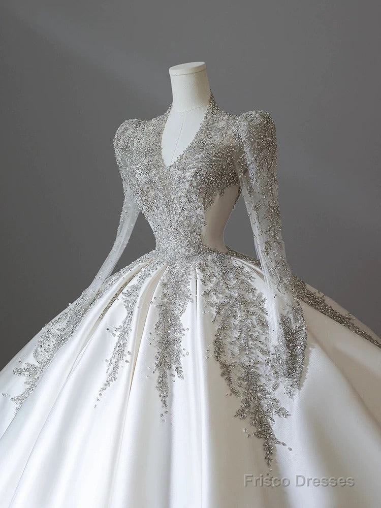 Pretty Ball Gown V Neckline Long Sleeves Sequin White Wedding Dresses Brides Dress Secondary image