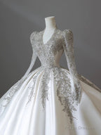 Pretty Ball Gown V Neckline Long Sleeves Sequin White Wedding Dresses Brides Dress