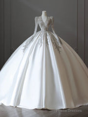 Pretty Ball Gown V Neckline Long Sleeves Sequin White Wedding Dresses Brides Dress